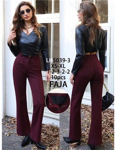Jeans wide leg vino con faja y bolsillos