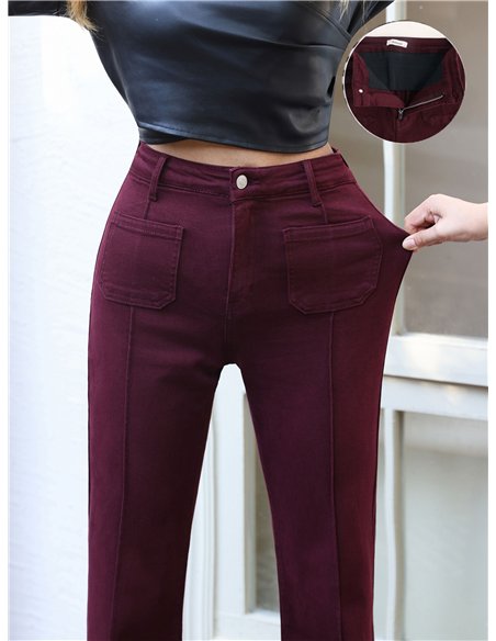 Jeans wide leg vino con faja y bolsillos