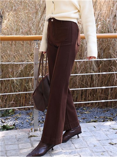 Jeans wide leg chocolate con faja y bolsillos
