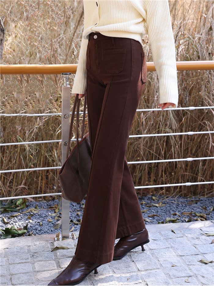 Jeans wide leg chocolate con faja y bolsillos
