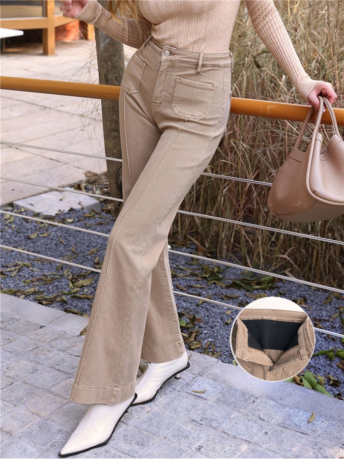 Jeans wide leg beige con faja y bolsillos