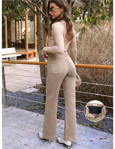 Jeans wide leg beige con faja y bolsillos