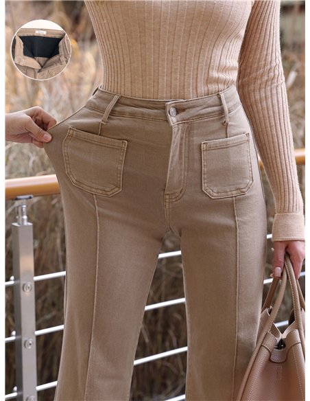 Jeans wide leg beige con faja y bolsillos