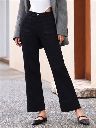 Jeans wide leg negro con bolsillos de plastrón