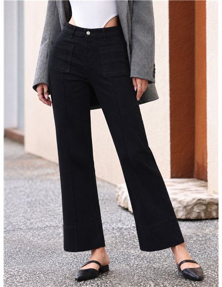 Jeans wide leg negro con bolsillos de plastrón
