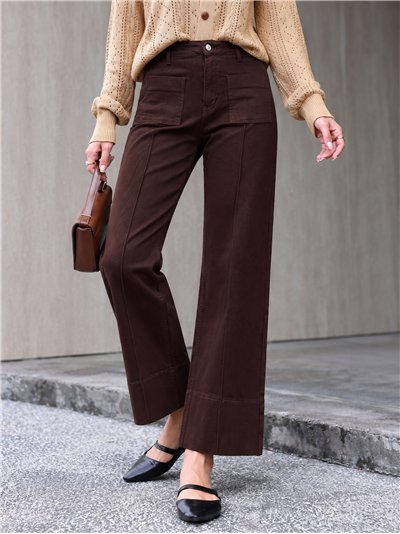 Jeans wide leg chocolate con bolsillos de plastrón