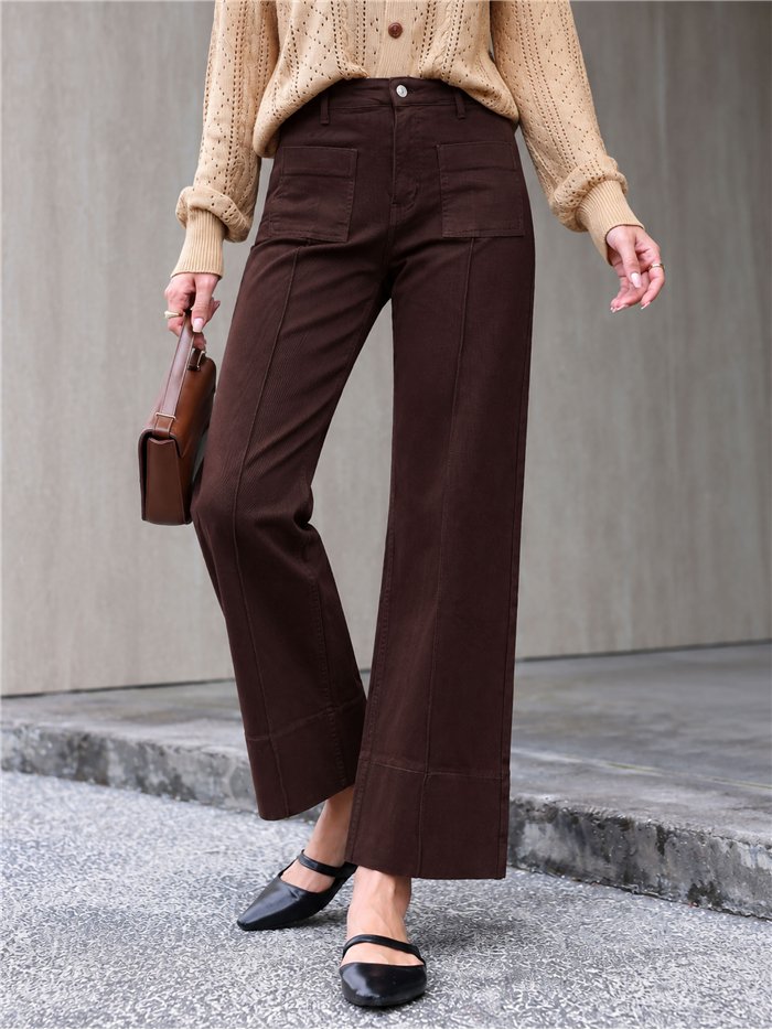 Jeans wide leg chocolate con bolsillos de plastrón
