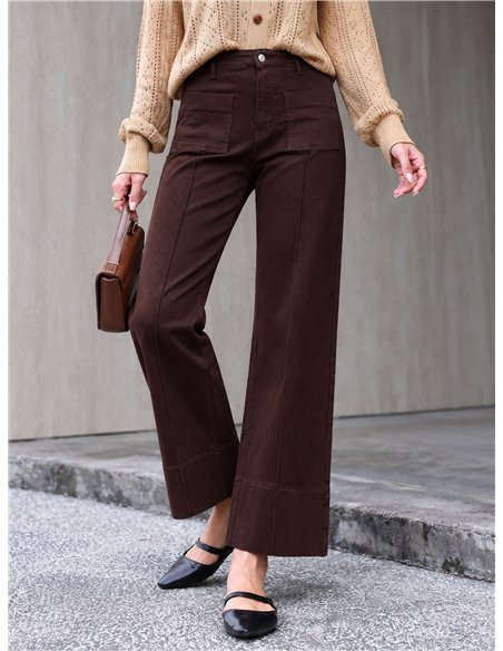 Jeans wide leg chocolate con bolsillos de plastrón
