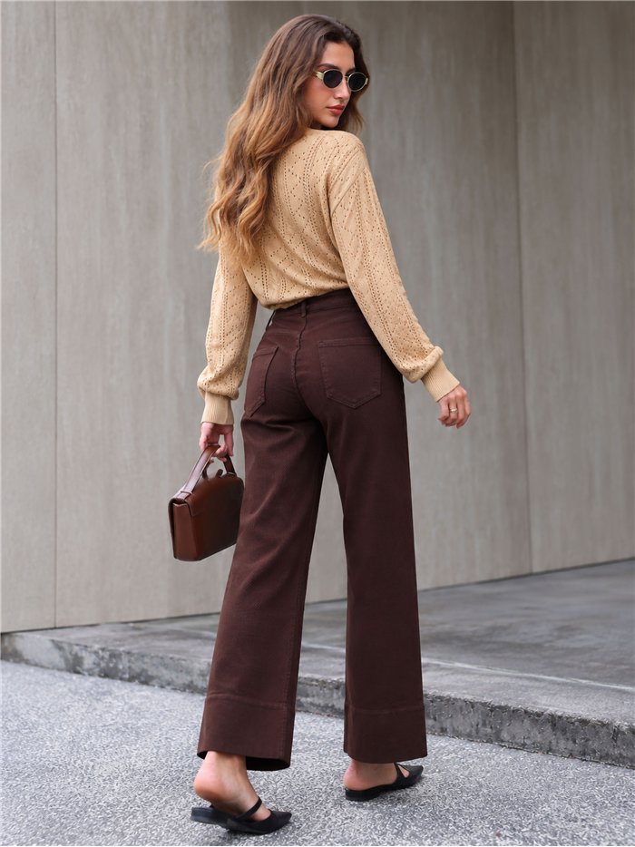 Jeans wide leg chocolate con bolsillos de plastrón