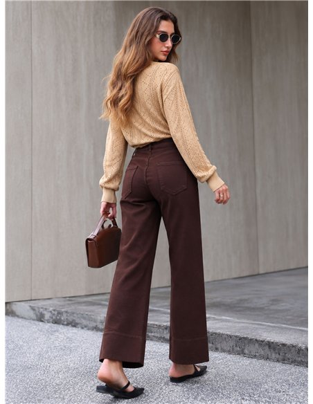 Jeans wide leg chocolate con bolsillos de plastrón