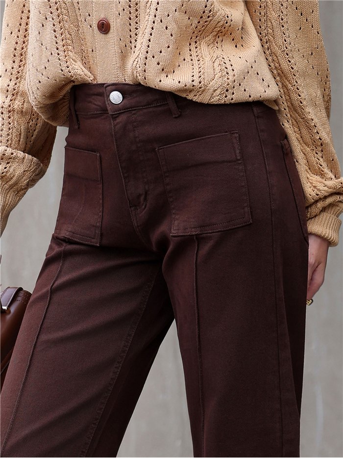 Jeans wide leg chocolate con bolsillos de plastrón