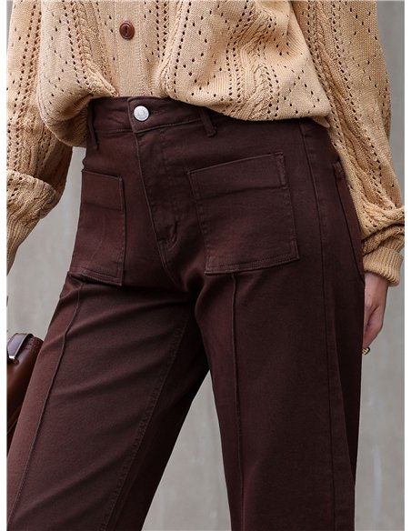 Jeans wide leg chocolate con bolsillos de plastrón