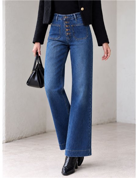 Jeans wide leg con botones delanteros