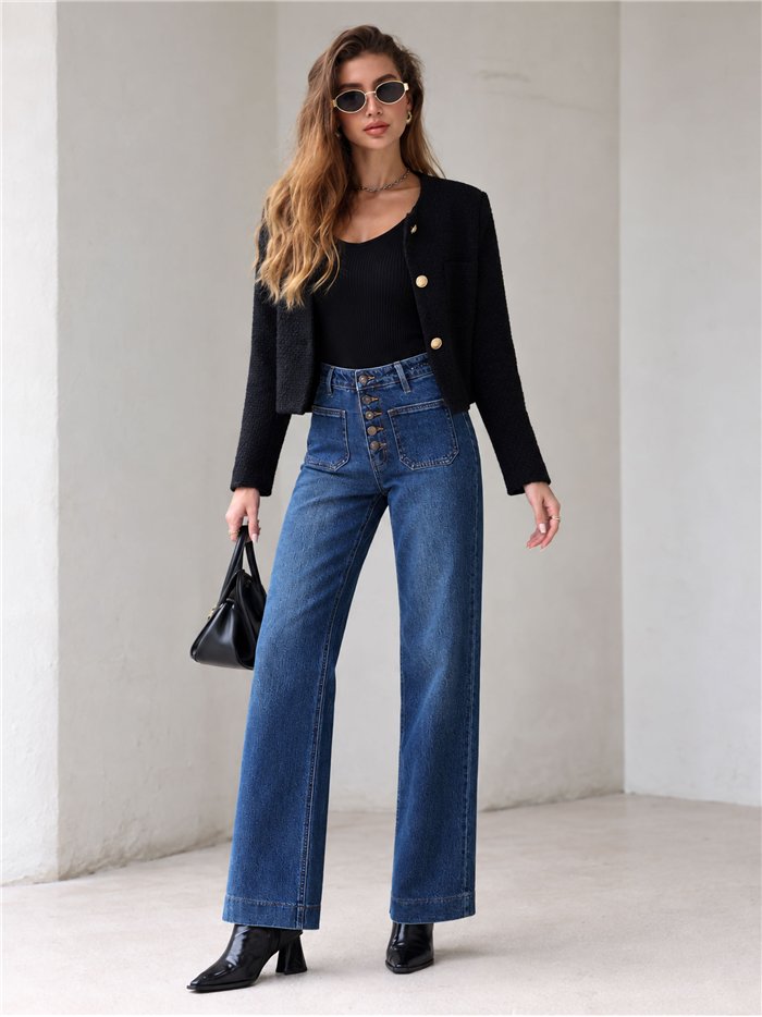 Jeans wide leg con botones delanteros