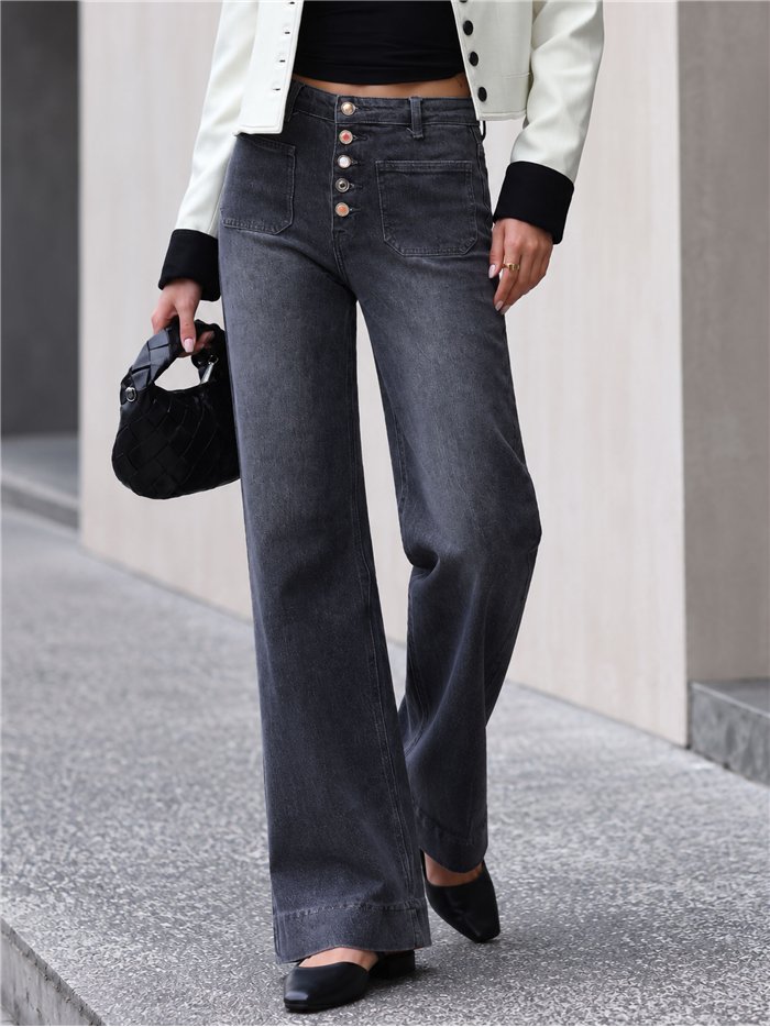 Jeans wide leg gris con botones delanteros