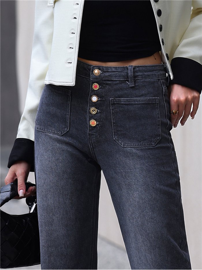 Jeans wide leg gris con botones delanteros