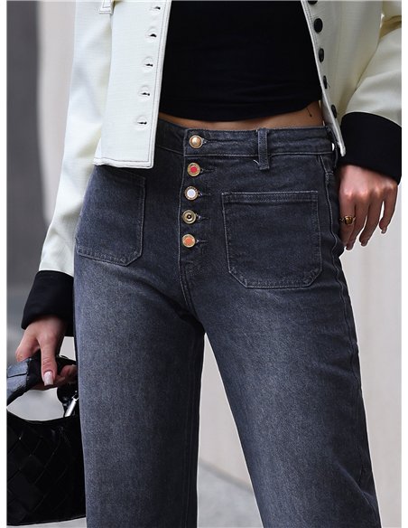 Jeans wide leg gris con botones delanteros
