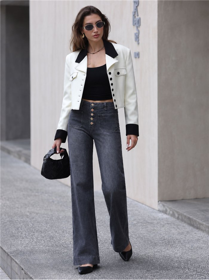 Jeans wide leg gris con botones delanteros