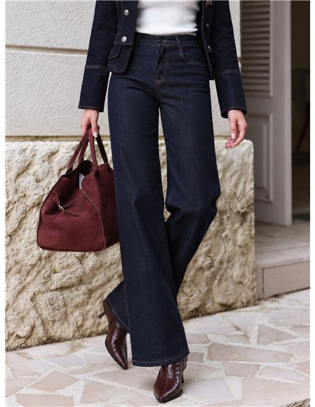 Jeans wide leg azul oscuro con faja