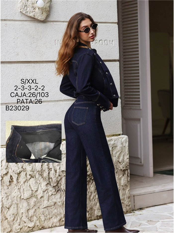 Jeans wide leg azul oscuro con faja