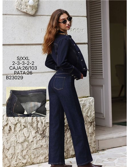Jeans wide leg azul oscuro con faja