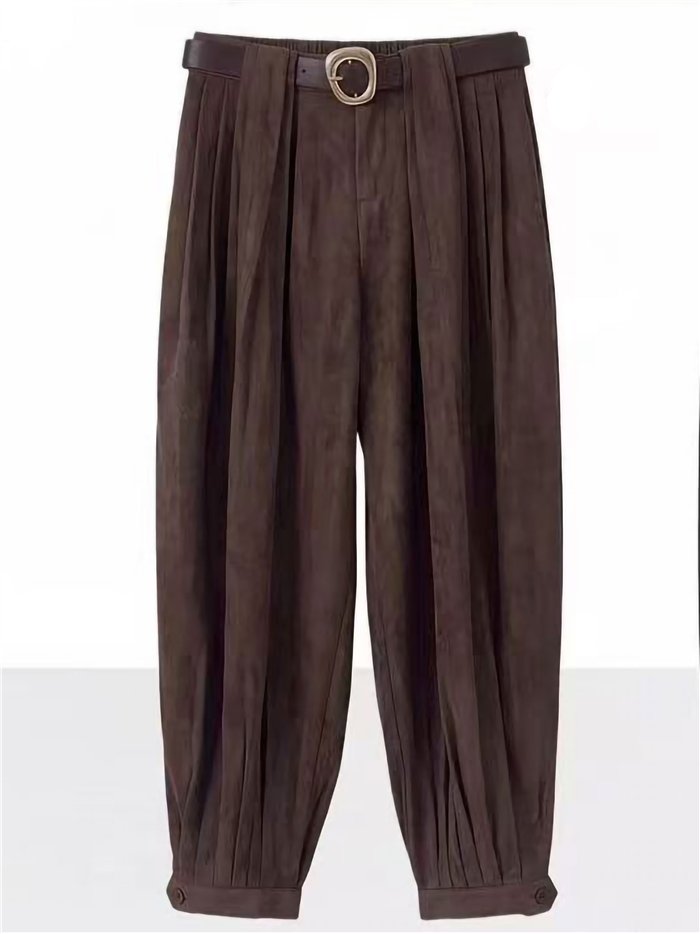 Pantalón bombacho efecto ante con cinturón