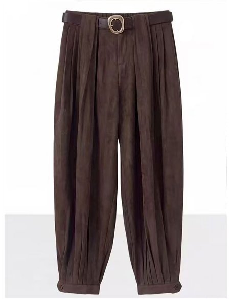 Pantalón bombacho efecto ante con cinturón