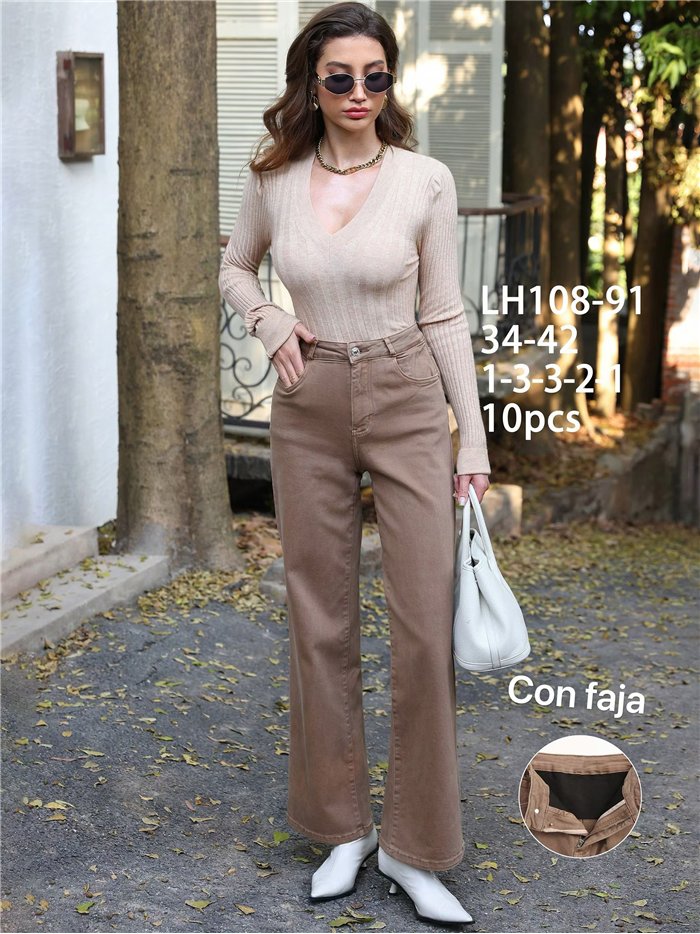 Jeans wide leg beige cintura con faja