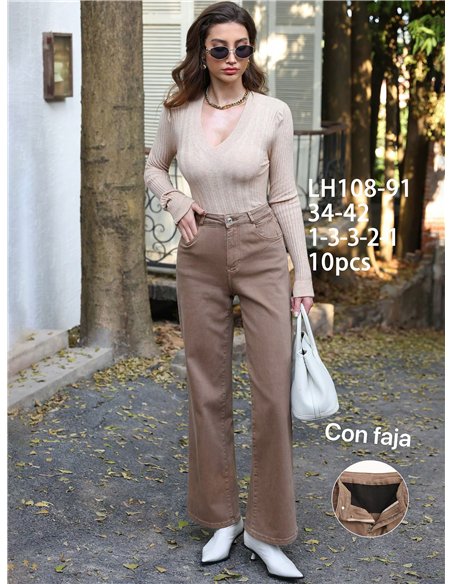 Jeans wide leg beige cintura con faja