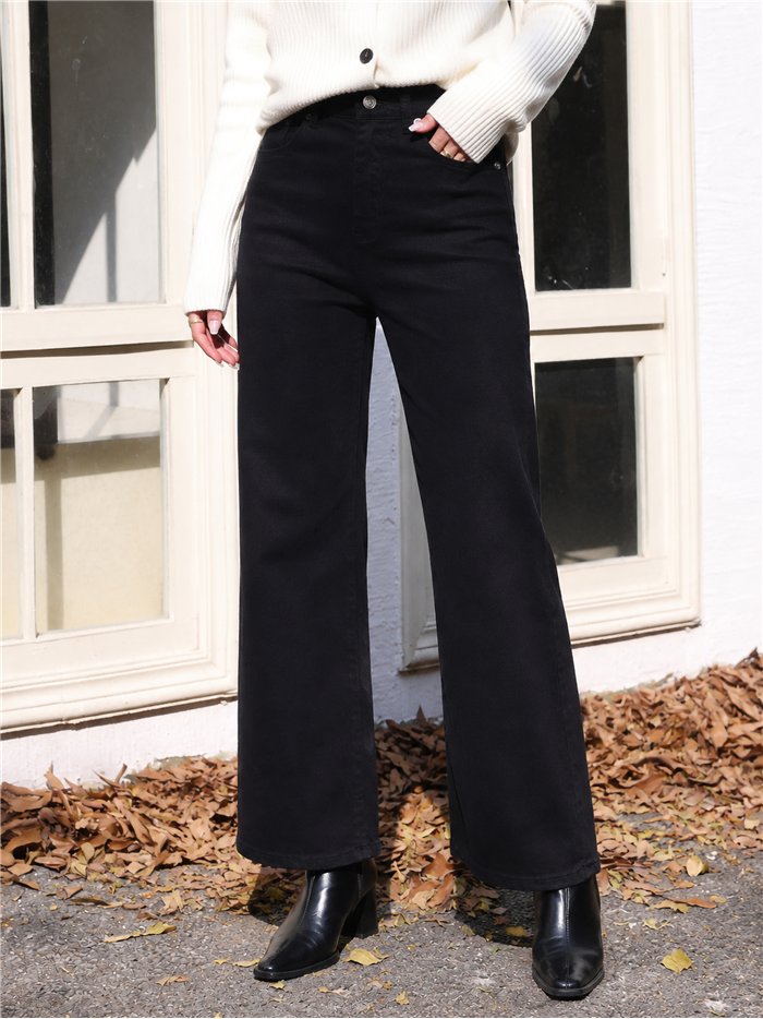 Jeans wide leg negro cintura con faja