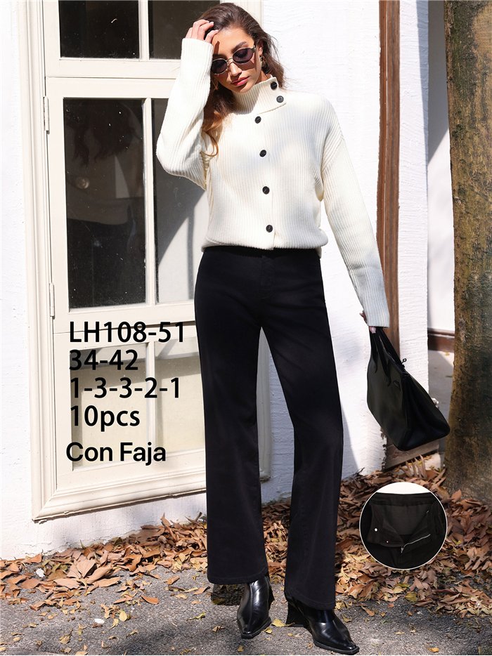 Jeans wide leg negro cintura con faja