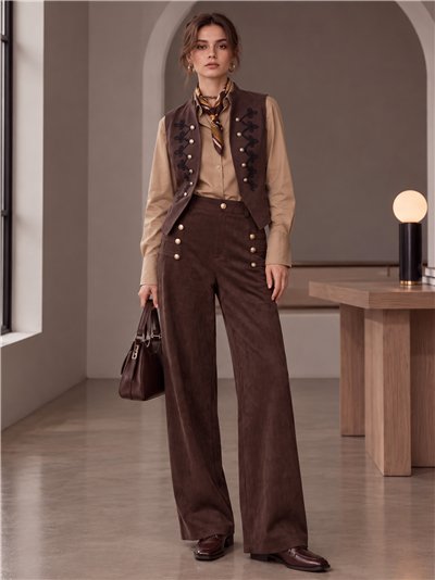 Pantalón wide leg efecto ante con botones