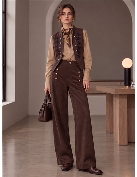 Pantalón wide leg efecto ante con botones