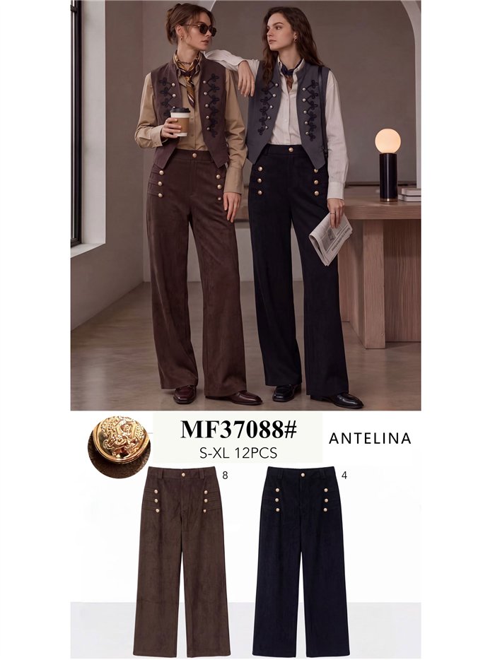 Pantalón wide leg efecto ante con botones