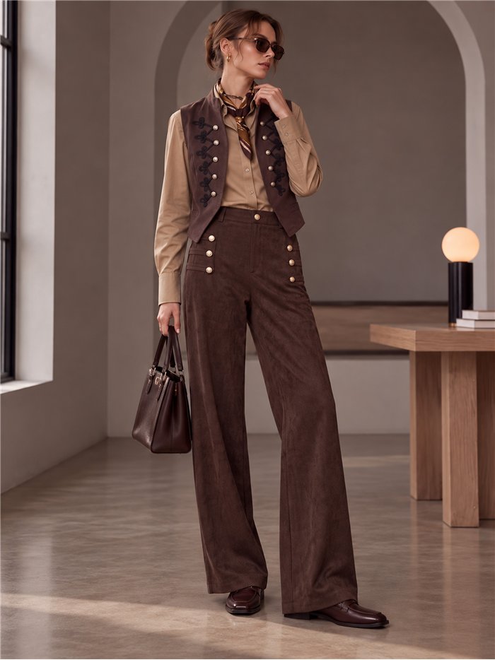 Pantalón wide leg efecto ante con botones