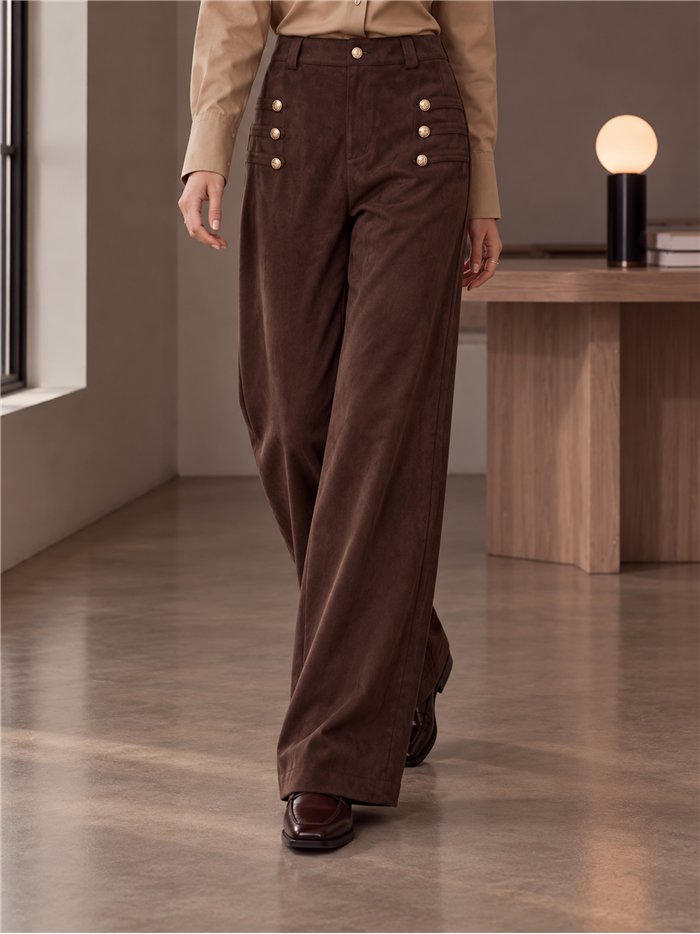 Pantalón wide leg efecto ante con botones