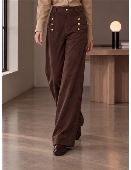 Pantalón wide leg efecto ante con botones