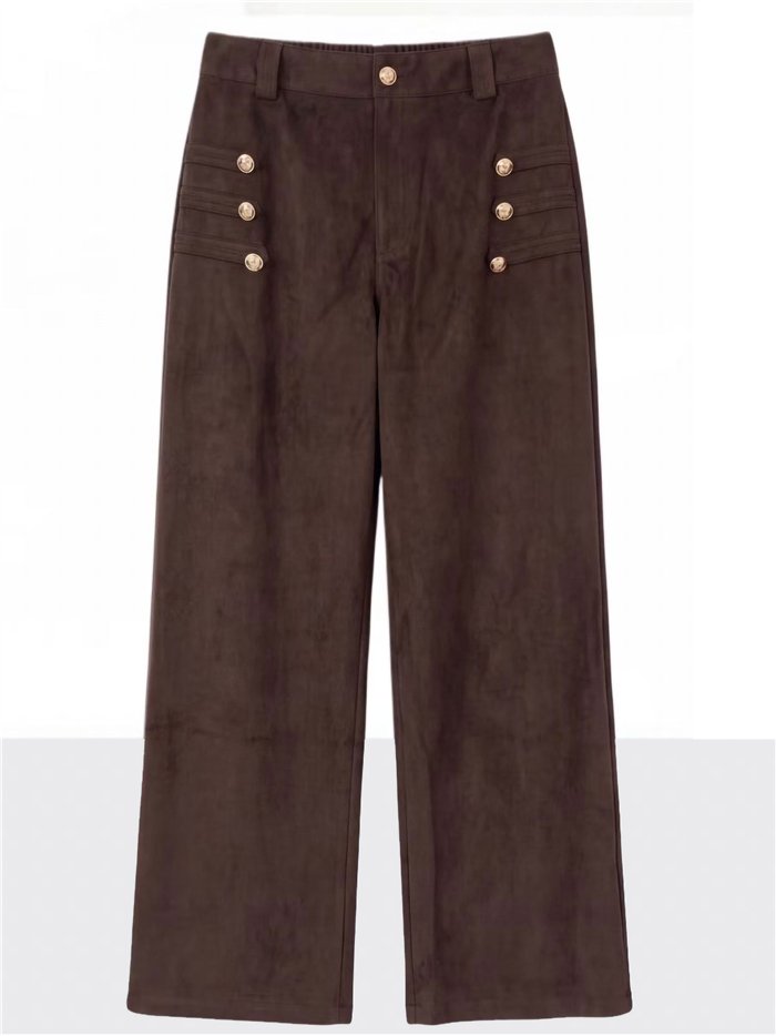 Pantalón wide leg efecto ante con botones