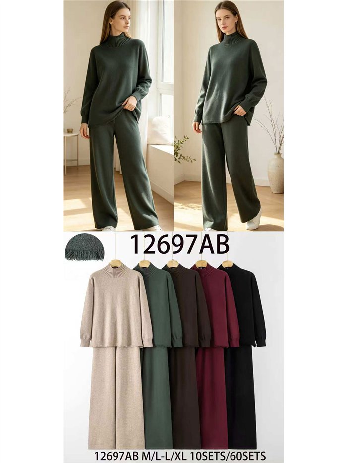 Conjunto jersey cuello alto bajo desflecado y pantalón