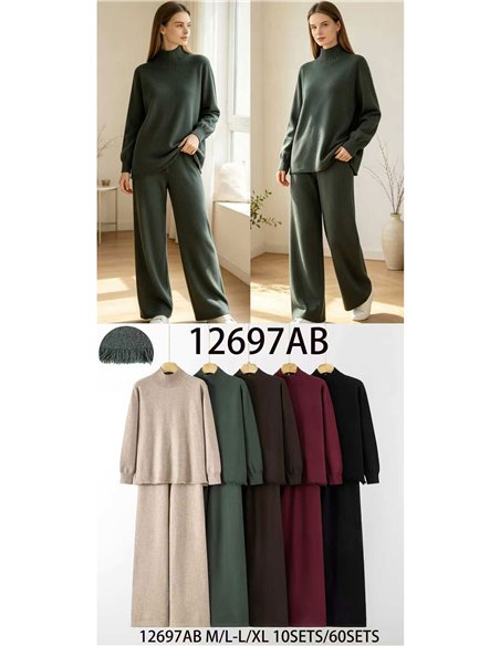 Conjunto jersey cuello alto bajo desflecado y pantalón
