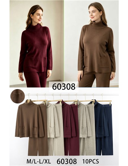Conjunto jersey cuello alto con bolsillos y pantalón