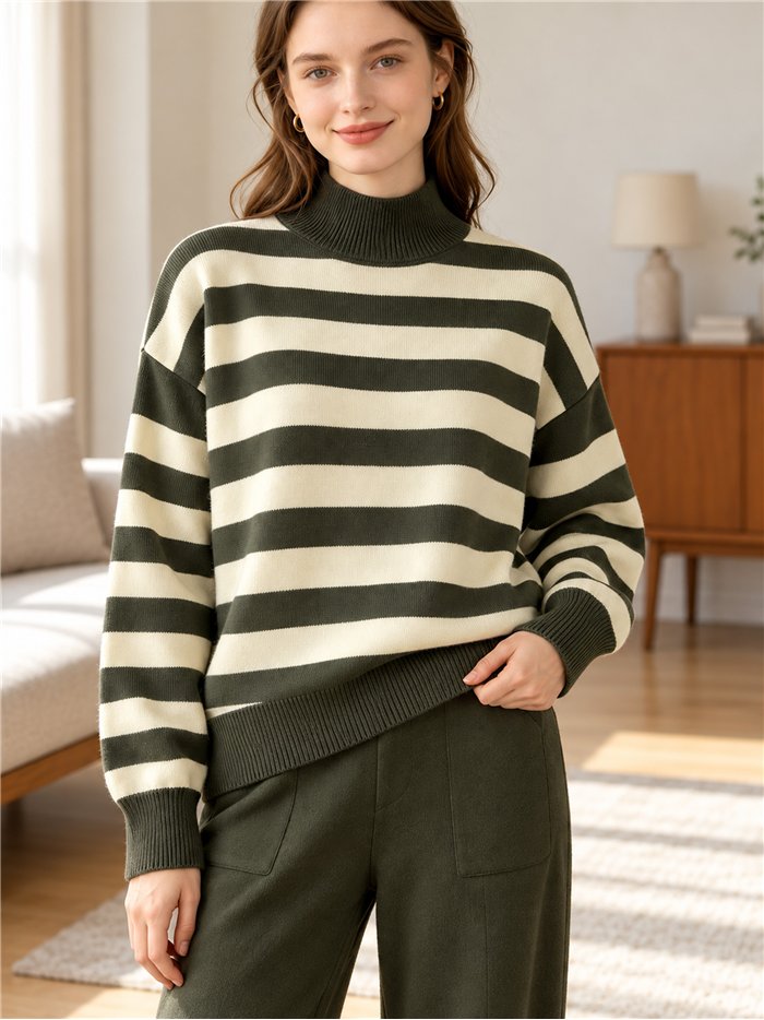 Conjunto jersey rayas cuello alto y pantalón