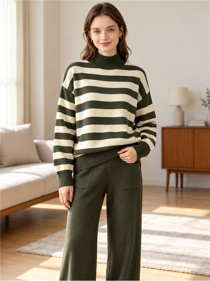 Conjunto jersey rayas cuello alto y pantalón