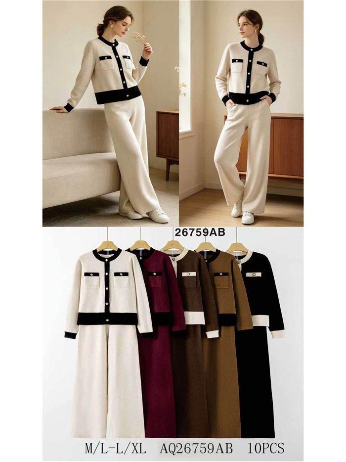 Conjunto de jaqueta e calça de malha bicolor
