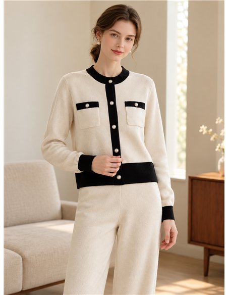 Conjunto de jaqueta e calça de malha bicolor