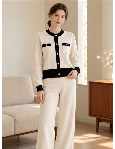 Conjunto de jaqueta e calça de malha bicolor