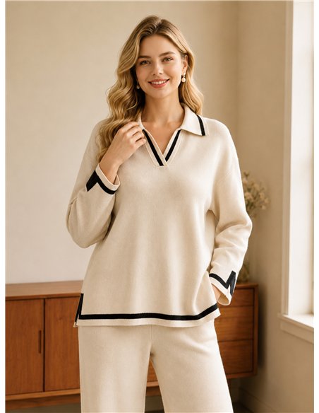 Ensemble pull à col roulé et pantalon avec finitions contrastées