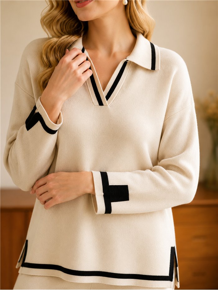 Ensemble pull à col roulé et pantalon avec finitions contrastées