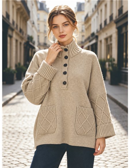Pull oversize à motif losanges et col boutonné