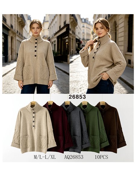 Pull oversize à motif losanges et col boutonné